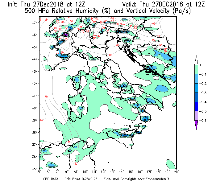 Mappa di analisi GFS - Umidità relativa [%] e Omega [Pa/s] a 500 hPa in Italia
									del 27/12/2018 12 <!--googleoff: index-->UTC<!--googleon: index-->