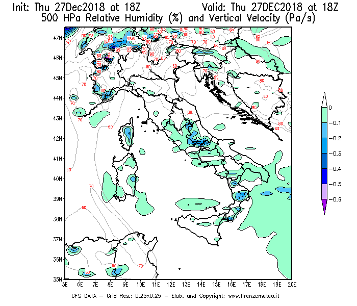 Mappa di analisi GFS - Umidità relativa [%] e Omega [Pa/s] a 500 hPa in Italia
									del 27/12/2018 18 <!--googleoff: index-->UTC<!--googleon: index-->