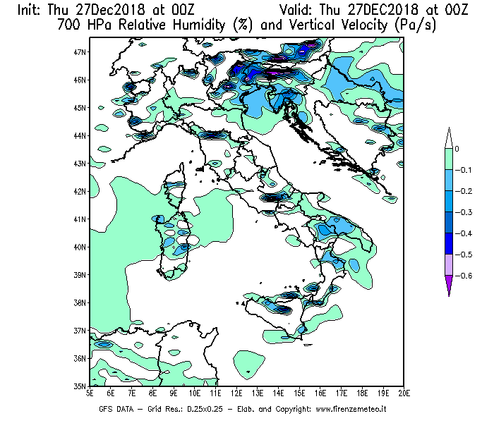 Mappa di analisi GFS - Umidità relativa [%] e Omega [Pa/s] a 700 hPa in Italia
									del 27/12/2018 00 <!--googleoff: index-->UTC<!--googleon: index-->