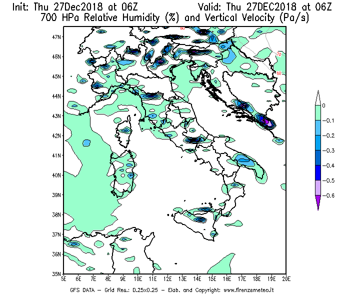 Mappa di analisi GFS - Umidità relativa [%] e Omega [Pa/s] a 700 hPa in Italia
									del 27/12/2018 06 <!--googleoff: index-->UTC<!--googleon: index-->