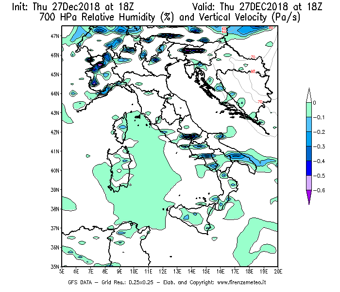 Mappa di analisi GFS - Umidità relativa [%] e Omega [Pa/s] a 700 hPa in Italia
									del 27/12/2018 18 <!--googleoff: index-->UTC<!--googleon: index-->