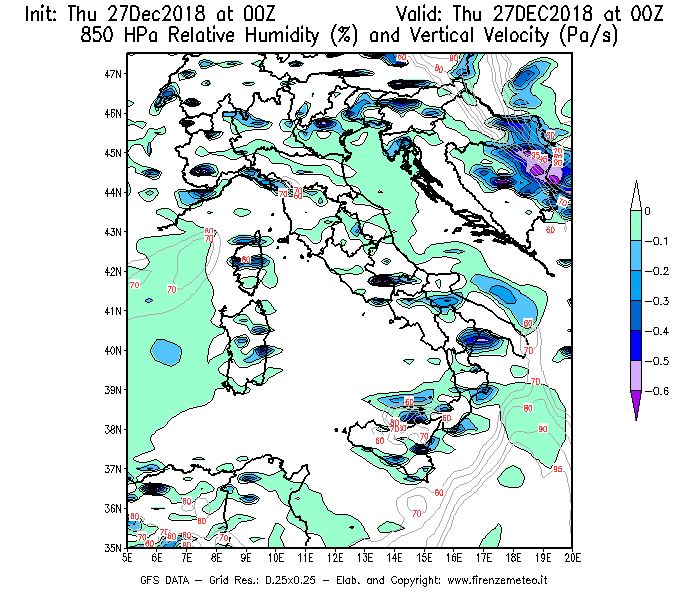 Mappa di analisi GFS - Umidità relativa [%] e Omega [Pa/s] a 850 hPa in Italia
									del 27/12/2018 00 <!--googleoff: index-->UTC<!--googleon: index-->
