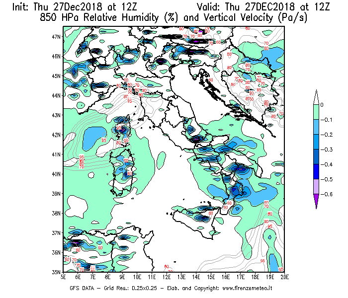 Mappa di analisi GFS - Umidità relativa [%] e Omega [Pa/s] a 850 hPa in Italia
									del 27/12/2018 12 <!--googleoff: index-->UTC<!--googleon: index-->