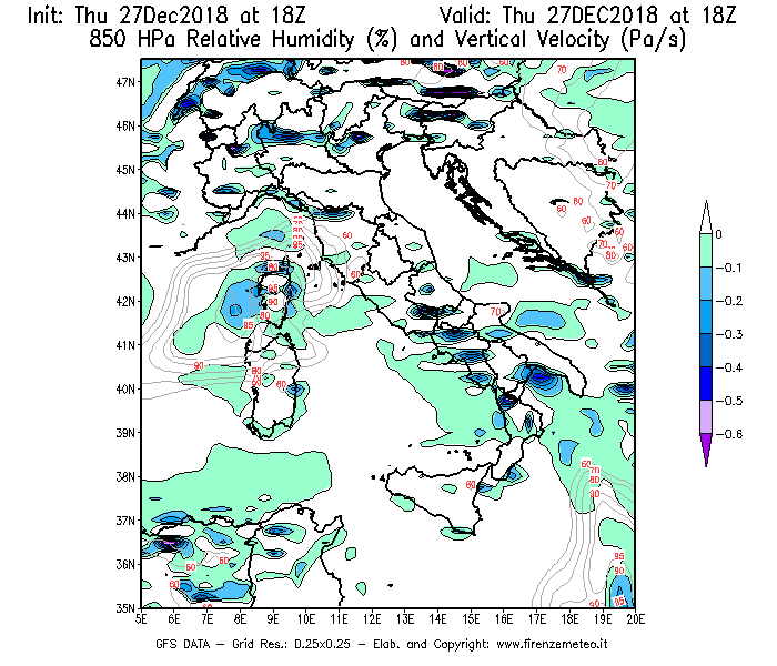Mappa di analisi GFS - Umidità relativa [%] e Omega [Pa/s] a 850 hPa in Italia
									del 27/12/2018 18 <!--googleoff: index-->UTC<!--googleon: index-->