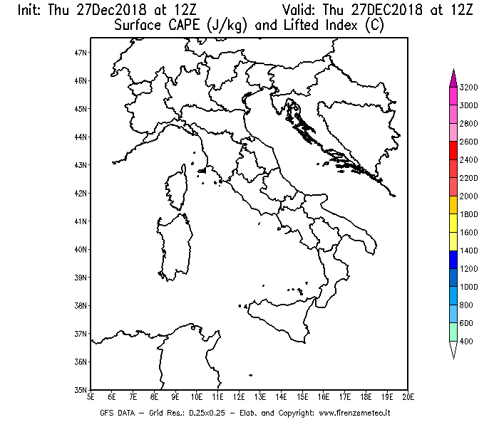 Mappa di analisi GFS - CAPE [J/kg] e Lifted Index [°C] in Italia
									del 27/12/2018 12 <!--googleoff: index-->UTC<!--googleon: index-->