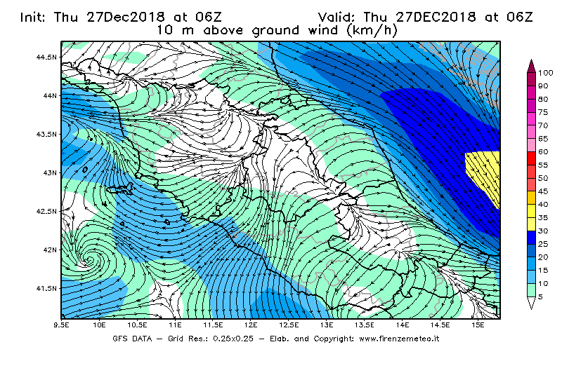 Mappa di analisi GFS - Velocità del vento a 10 metri dal suolo [km/h] in Centro-Italia
									del 27/12/2018 06 <!--googleoff: index-->UTC<!--googleon: index-->