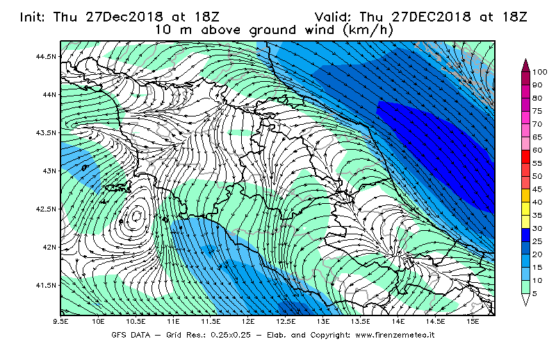 Mappa di analisi GFS - Velocità del vento a 10 metri dal suolo [km/h] in Centro-Italia
									del 27/12/2018 18 <!--googleoff: index-->UTC<!--googleon: index-->