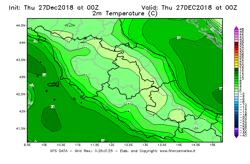 Mappa di analisi GFS - Temperatura a 2 metri dal suolo [°C] in Centro-Italia
									del 27/12/2018 00 <!--googleoff: index-->UTC<!--googleon: index-->