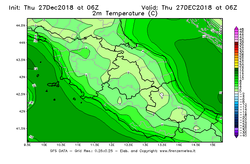 Mappa di analisi GFS - Temperatura a 2 metri dal suolo [°C] in Centro-Italia
									del 27/12/2018 06 <!--googleoff: index-->UTC<!--googleon: index-->