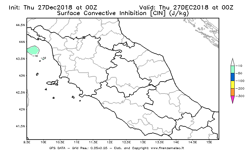 Mappa di analisi GFS - CIN [J/kg] in Centro-Italia
									del 27/12/2018 00 <!--googleoff: index-->UTC<!--googleon: index-->