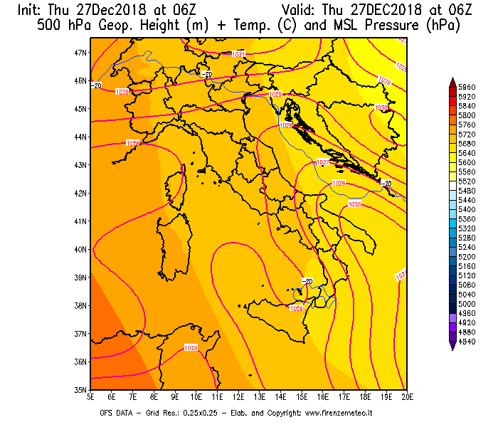 Mappa di analisi GFS - Geopotenziale [m] + Temp. [°C] a 500 hPa + Press. a livello del mare [hPa] in Italia
									del 27/12/2018 06 <!--googleoff: index-->UTC<!--googleon: index-->