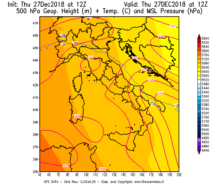 Mappa di analisi GFS - Geopotenziale [m] + Temp. [°C] a 500 hPa + Press. a livello del mare [hPa] in Italia
									del 27/12/2018 12 <!--googleoff: index-->UTC<!--googleon: index-->