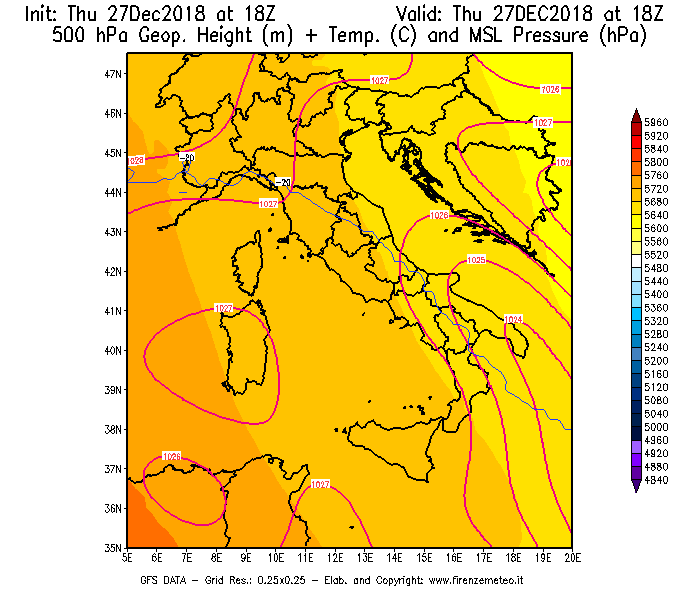 Mappa di analisi GFS - Geopotenziale [m] + Temp. [°C] a 500 hPa + Press. a livello del mare [hPa] in Italia
									del 27/12/2018 18 <!--googleoff: index-->UTC<!--googleon: index-->