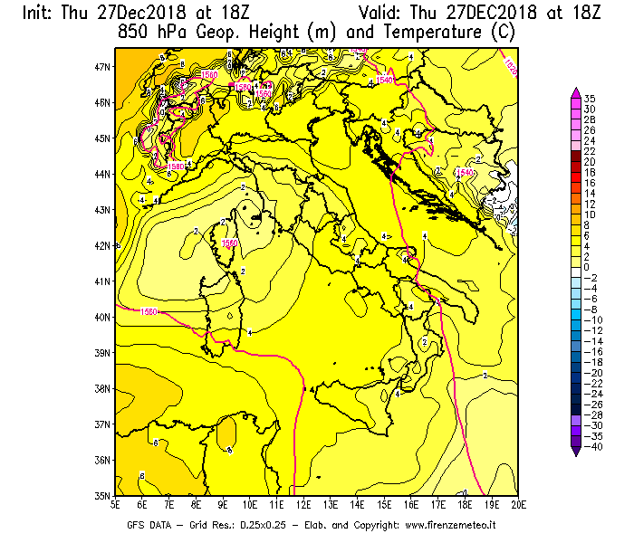 Mappa di analisi GFS - Geopotenziale [m] e Temperatura [°C] a 850 hPa in Italia
									del 27/12/2018 18 <!--googleoff: index-->UTC<!--googleon: index-->