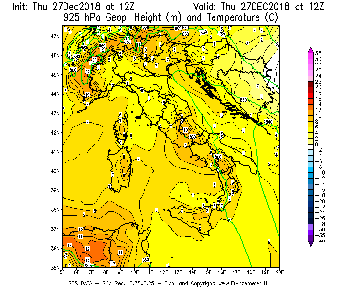 Mappa di analisi GFS - Geopotenziale [m] e Temperatura [°C] a 925 hPa in Italia
									del 27/12/2018 12 <!--googleoff: index-->UTC<!--googleon: index-->