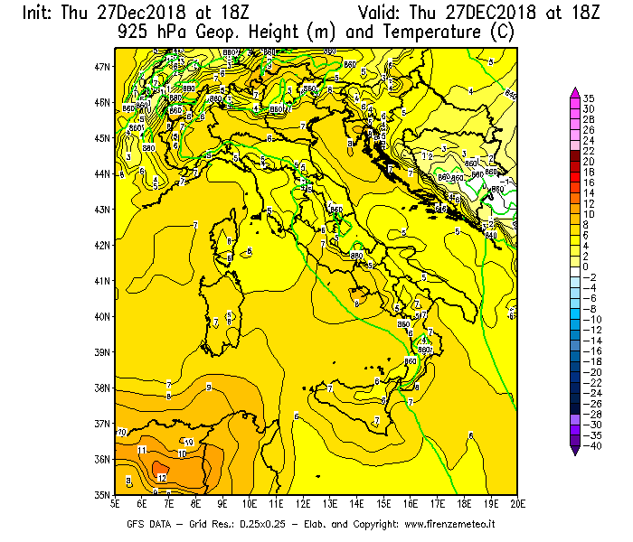Mappa di analisi GFS - Geopotenziale [m] e Temperatura [°C] a 925 hPa in Italia
									del 27/12/2018 18 <!--googleoff: index-->UTC<!--googleon: index-->