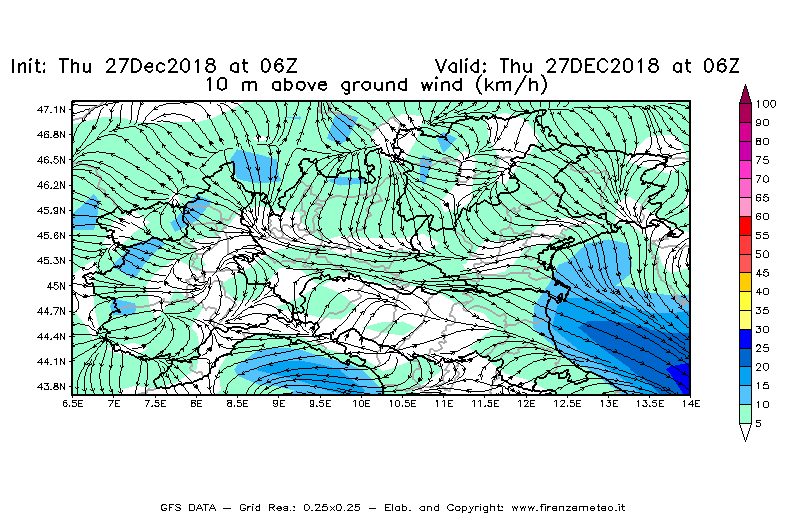 Mappa di analisi GFS - Velocità del vento a 10 metri dal suolo [km/h] in Nord-Italia
									del 27/12/2018 06 <!--googleoff: index-->UTC<!--googleon: index-->