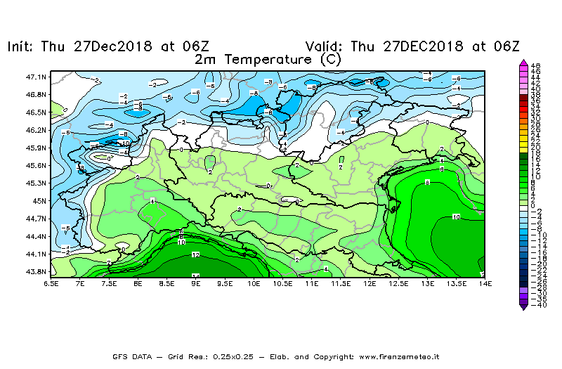 Mappa di analisi GFS - Temperatura a 2 metri dal suolo [°C] in Nord-Italia
									del 27/12/2018 06 <!--googleoff: index-->UTC<!--googleon: index-->