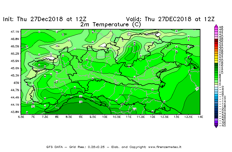 Mappa di analisi GFS - Temperatura a 2 metri dal suolo [°C] in Nord-Italia
									del 27/12/2018 12 <!--googleoff: index-->UTC<!--googleon: index-->