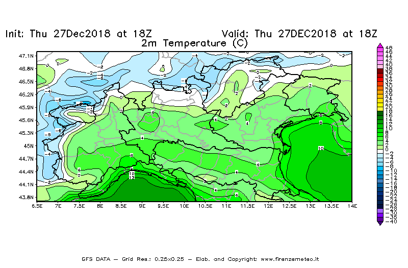 Mappa di analisi GFS - Temperatura a 2 metri dal suolo [°C] in Nord-Italia
									del 27/12/2018 18 <!--googleoff: index-->UTC<!--googleon: index-->