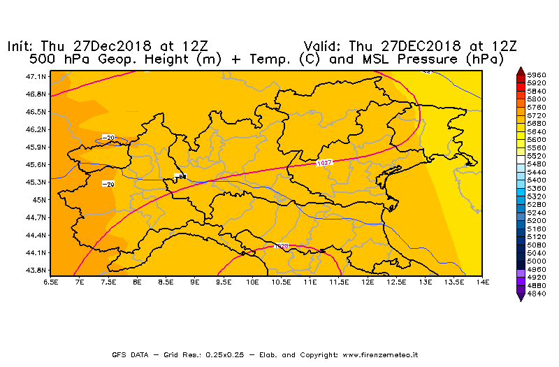 Mappa di analisi GFS - Geopotenziale [m] + Temp. [°C] a 500 hPa + Press. a livello del mare [hPa] in Nord-Italia
									del 27/12/2018 12 <!--googleoff: index-->UTC<!--googleon: index-->