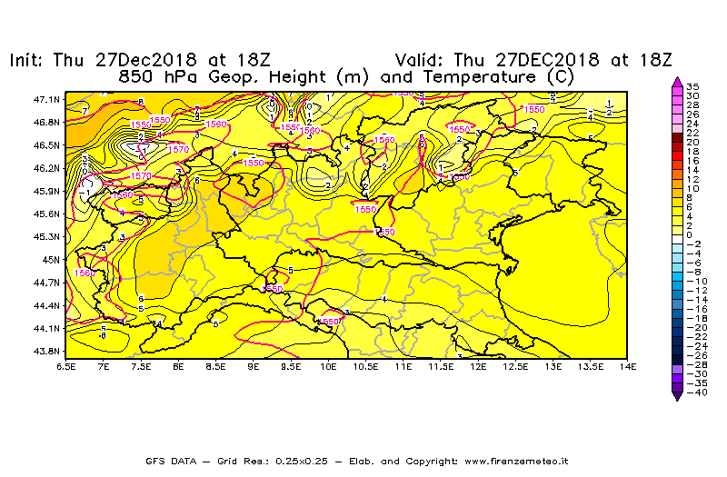 Mappa di analisi GFS - Geopotenziale [m] e Temperatura [°C] a 850 hPa in Nord-Italia
									del 27/12/2018 18 <!--googleoff: index-->UTC<!--googleon: index-->