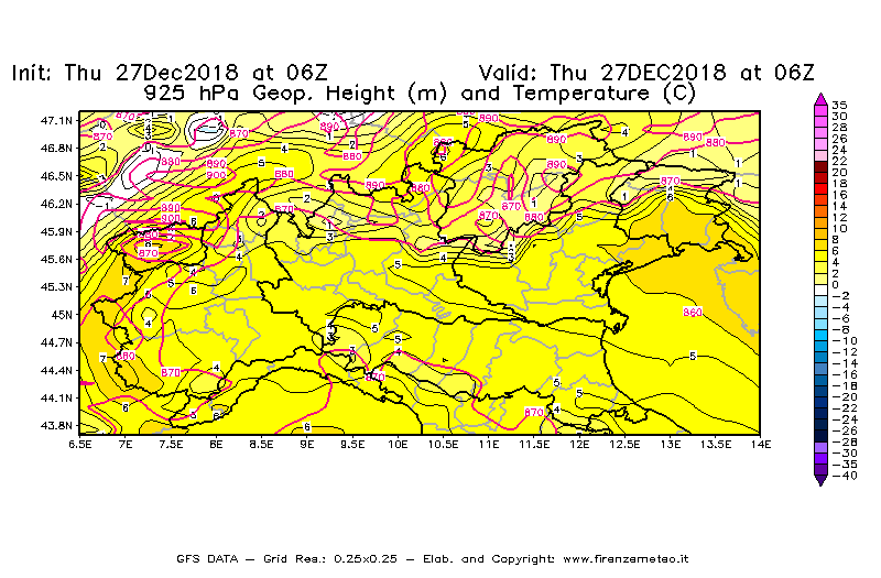 Mappa di analisi GFS - Geopotenziale [m] e Temperatura [°C] a 925 hPa in Nord-Italia
									del 27/12/2018 06 <!--googleoff: index-->UTC<!--googleon: index-->