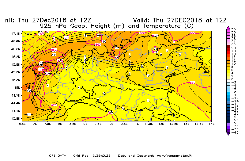 Mappa di analisi GFS - Geopotenziale [m] e Temperatura [°C] a 925 hPa in Nord-Italia
									del 27/12/2018 12 <!--googleoff: index-->UTC<!--googleon: index-->