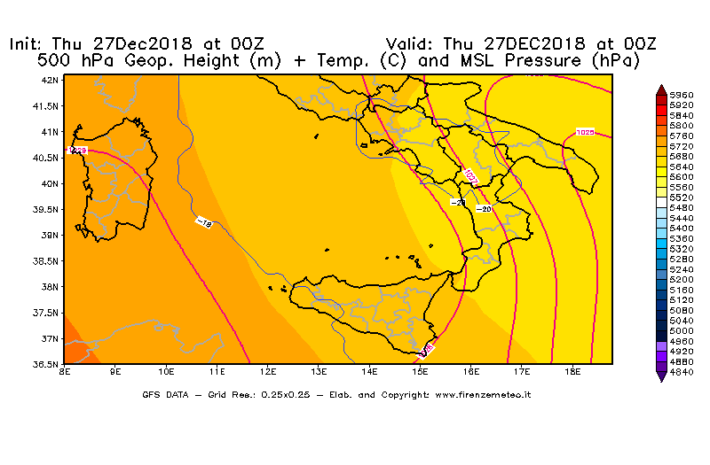 Mappa di analisi GFS - Geopotenziale [m] + Temp. [°C] a 500 hPa + Press. a livello del mare [hPa] in Sud-Italia
									del 27/12/2018 00 <!--googleoff: index-->UTC<!--googleon: index-->