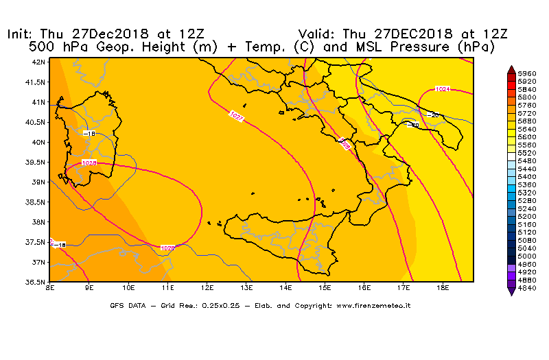 Mappa di analisi GFS - Geopotenziale [m] + Temp. [°C] a 500 hPa + Press. a livello del mare [hPa] in Sud-Italia
									del 27/12/2018 12 <!--googleoff: index-->UTC<!--googleon: index-->