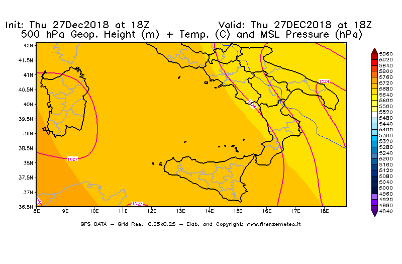 Mappa di analisi GFS - Geopotenziale [m] + Temp. [°C] a 500 hPa + Press. a livello del mare [hPa] in Sud-Italia
									del 27/12/2018 18 <!--googleoff: index-->UTC<!--googleon: index-->