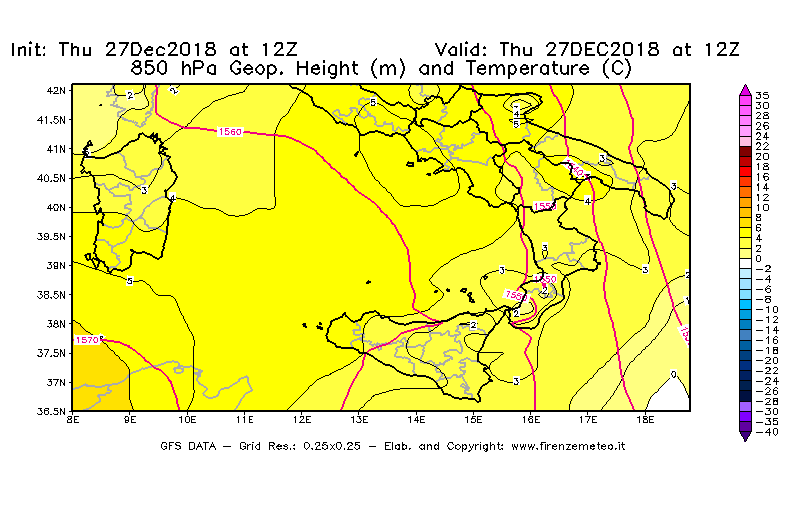 Mappa di analisi GFS - Geopotenziale [m] e Temperatura [°C] a 850 hPa in Sud-Italia
									del 27/12/2018 12 <!--googleoff: index-->UTC<!--googleon: index-->