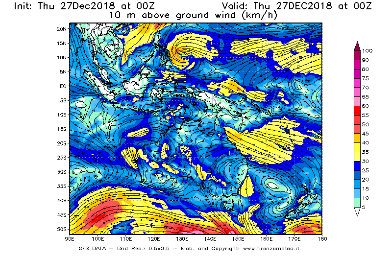 Mappa di analisi GFS - Velocità del vento a 10 metri dal suolo [km/h] in Oceania
									del 27/12/2018 00 <!--googleoff: index-->UTC<!--googleon: index-->