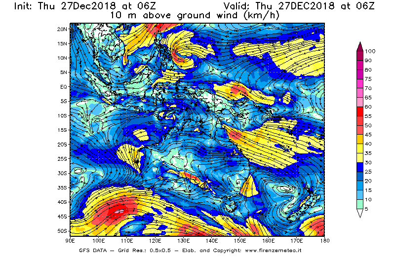 Mappa di analisi GFS - Velocità del vento a 10 metri dal suolo [km/h] in Oceania
									del 27/12/2018 06 <!--googleoff: index-->UTC<!--googleon: index-->