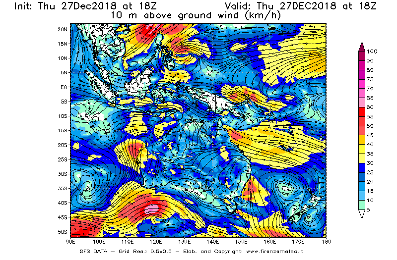 Mappa di analisi GFS - Velocità del vento a 10 metri dal suolo [km/h] in Oceania
									del 27/12/2018 18 <!--googleoff: index-->UTC<!--googleon: index-->