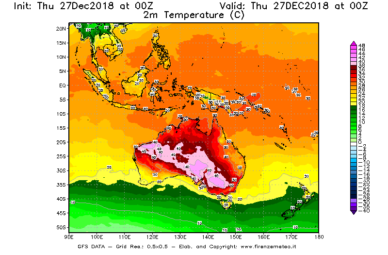 Mappa di analisi GFS - Temperatura a 2 metri dal suolo [°C] in Oceania
									del 27/12/2018 00 <!--googleoff: index-->UTC<!--googleon: index-->