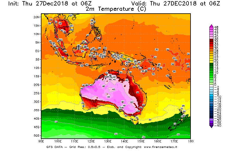 Mappa di analisi GFS - Temperatura a 2 metri dal suolo [°C] in Oceania
									del 27/12/2018 06 <!--googleoff: index-->UTC<!--googleon: index-->