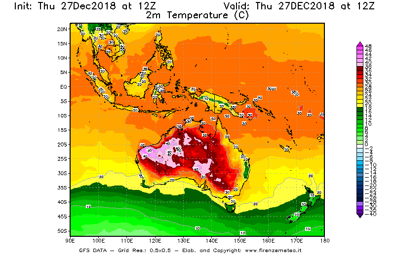 Mappa di analisi GFS - Temperatura a 2 metri dal suolo [°C] in Oceania
									del 27/12/2018 12 <!--googleoff: index-->UTC<!--googleon: index-->