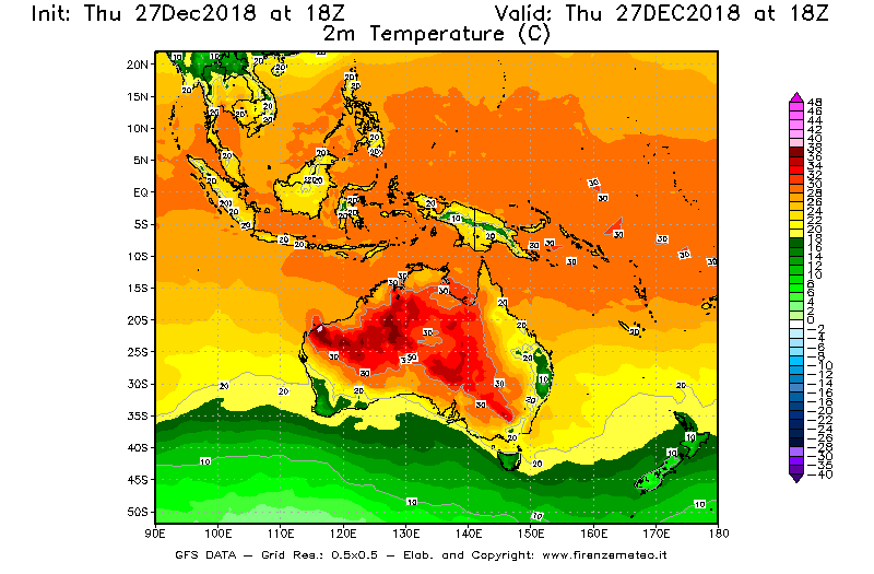 Mappa di analisi GFS - Temperatura a 2 metri dal suolo [°C] in Oceania
									del 27/12/2018 18 <!--googleoff: index-->UTC<!--googleon: index-->