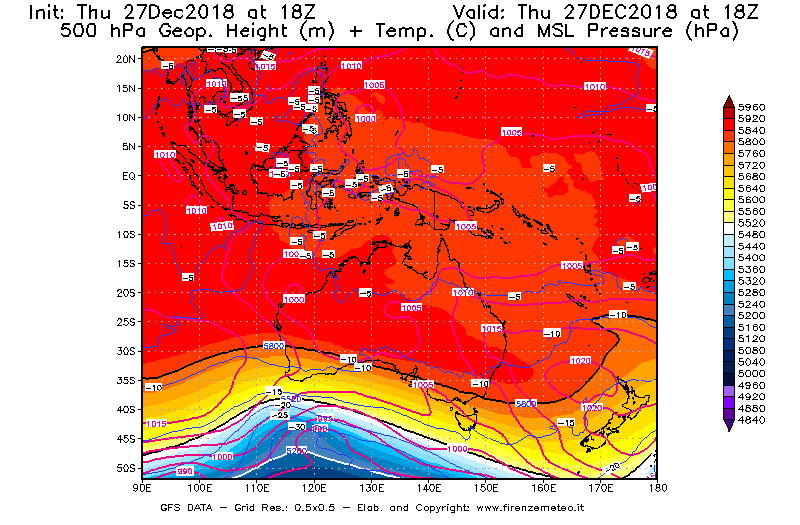 Mappa di analisi GFS - Geopotenziale [m] + Temp. [°C] a 500 hPa + Press. a livello del mare [hPa] in Oceania
									del 27/12/2018 18 <!--googleoff: index-->UTC<!--googleon: index-->
