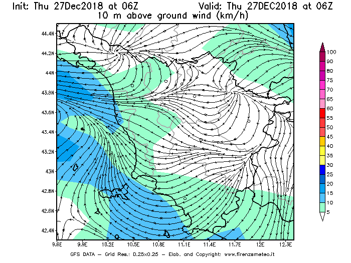 Mappa di analisi GFS - Velocità del vento a 10 metri dal suolo [km/h] in Toscana
									del 27/12/2018 06 <!--googleoff: index-->UTC<!--googleon: index-->