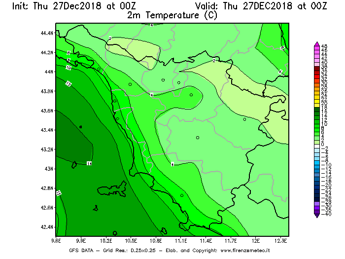 Mappa di analisi GFS - Temperatura a 2 metri dal suolo [°C] in Toscana
									del 27/12/2018 00 <!--googleoff: index-->UTC<!--googleon: index-->