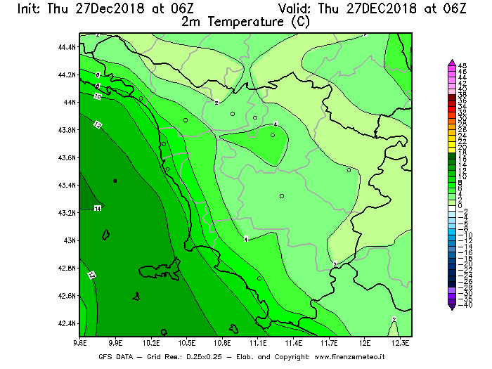Mappa di analisi GFS - Temperatura a 2 metri dal suolo [°C] in Toscana
									del 27/12/2018 06 <!--googleoff: index-->UTC<!--googleon: index-->