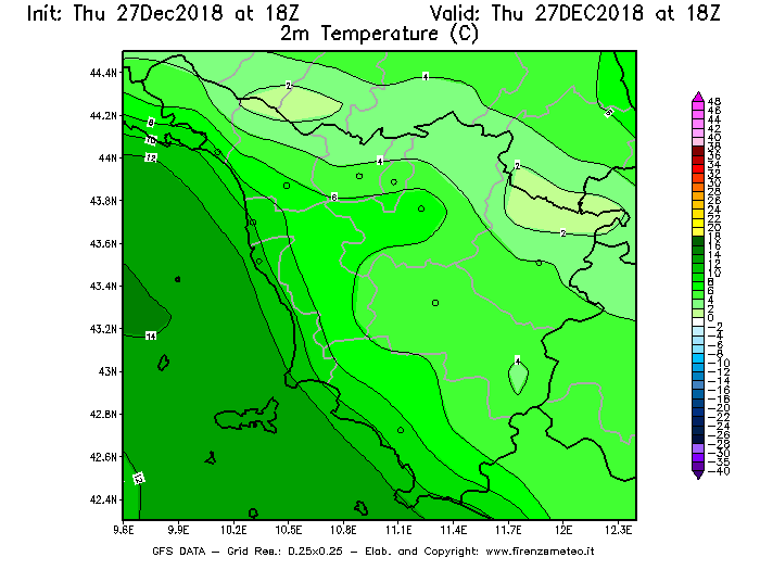 Mappa di analisi GFS - Temperatura a 2 metri dal suolo [°C] in Toscana
									del 27/12/2018 18 <!--googleoff: index-->UTC<!--googleon: index-->