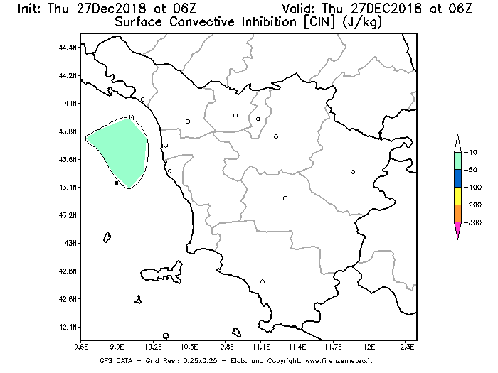 Mappa di analisi GFS - CIN [J/kg] in Toscana
									del 27/12/2018 06 <!--googleoff: index-->UTC<!--googleon: index-->