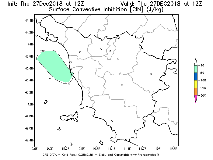 Mappa di analisi GFS - CIN [J/kg] in Toscana
									del 27/12/2018 12 <!--googleoff: index-->UTC<!--googleon: index-->