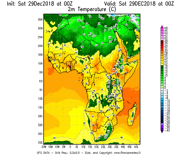 Mappa di analisi GFS - Temperatura a 2 metri dal suolo [°C] in Africa
									del 29/12/2018 00 <!--googleoff: index-->UTC<!--googleon: index-->
