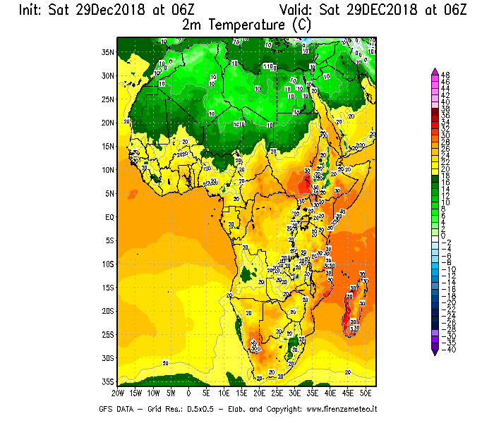 Mappa di analisi GFS - Temperatura a 2 metri dal suolo [°C] in Africa
									del 29/12/2018 06 <!--googleoff: index-->UTC<!--googleon: index-->