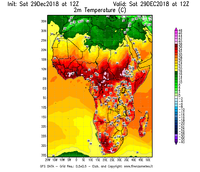 Mappa di analisi GFS - Temperatura a 2 metri dal suolo [°C] in Africa
									del 29/12/2018 12 <!--googleoff: index-->UTC<!--googleon: index-->
