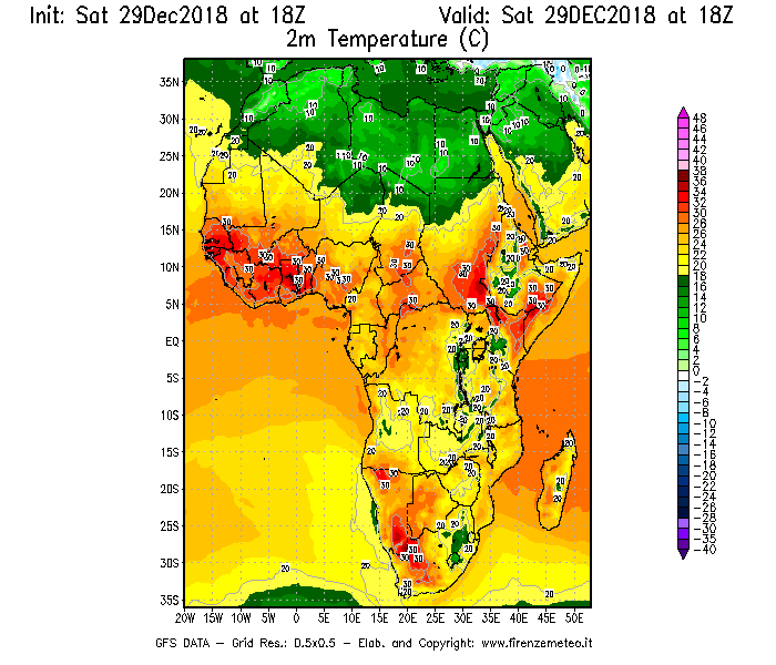 Mappa di analisi GFS - Temperatura a 2 metri dal suolo [°C] in Africa
									del 29/12/2018 18 <!--googleoff: index-->UTC<!--googleon: index-->